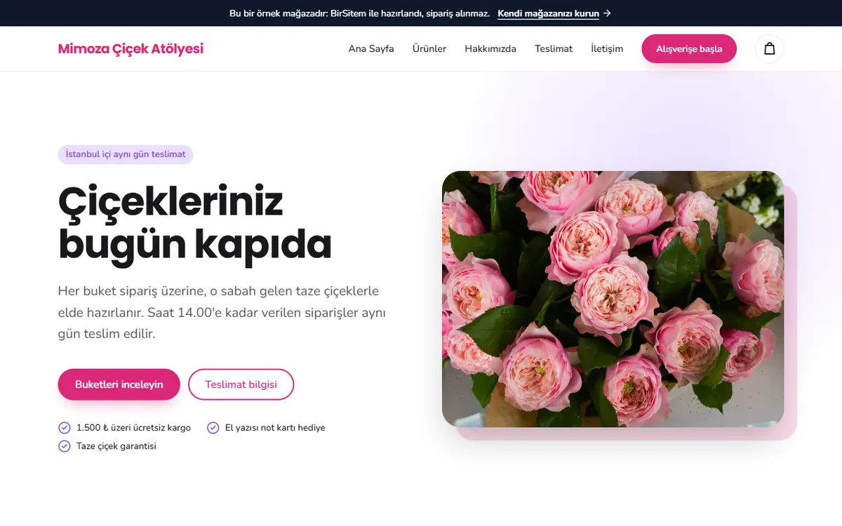 Home page of the Mimoza Çiçek Atölyesi sample site