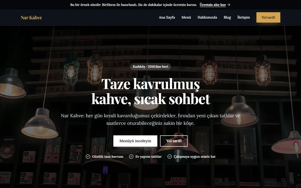 Home page of the Nar Kahve sample site